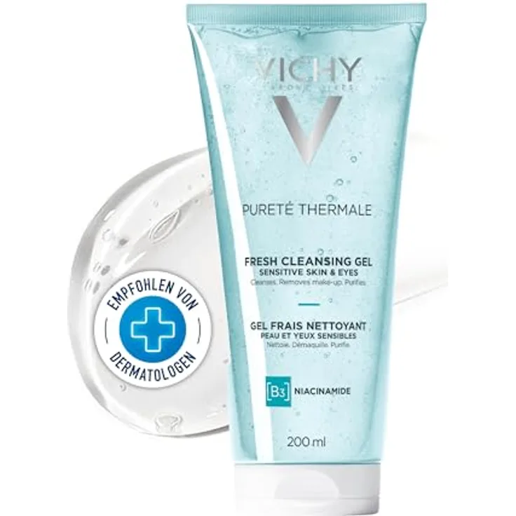VICHY Pureté Thermale Erfrischendes Reinigungsgel, Langanhaltende Feuchtigkeitsversorgung, Make-Up-Entferner und Gesichtsreiniger, Für alle Hauttypen, Mit Glycerin und Vulkanwasser, 200 ml