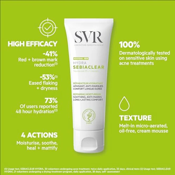 SVR Hydra Sebiaclear – Anti-Markierungen – reparierende feuchtigkeitsspendende Pflege – für empfindliche Haut zu Akne – 40 ml Tube aus recyceltem Material – Bild 3