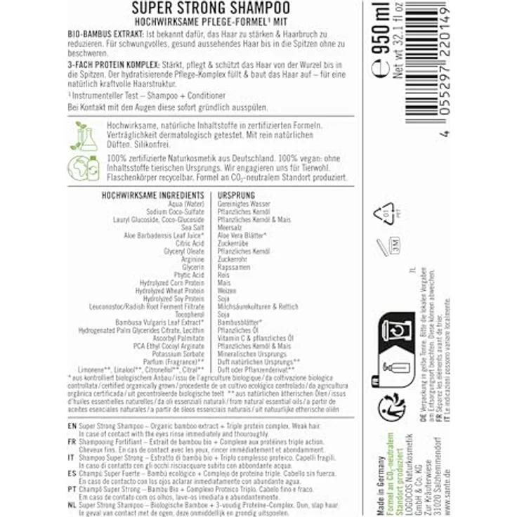 Sante Naturkosmetik Super Strong Shampoo Bio-Bambus Extrakt + 3-Fach Protein Komplex, veganes Pflegeshampoo für kraftloses Haar, 950 ml mit Pumpspender – Bild 2