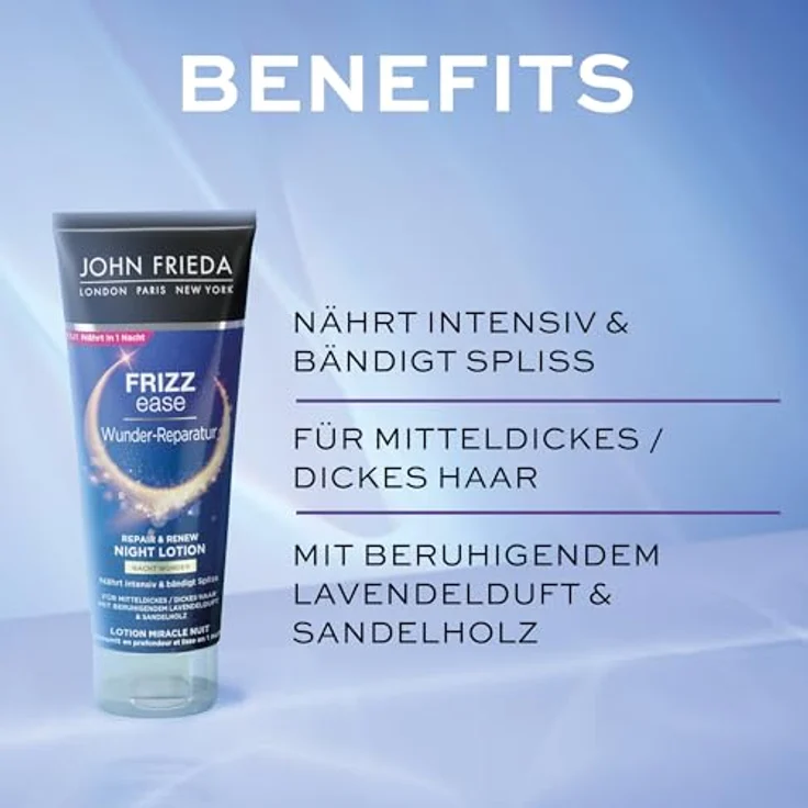 John Frieda Wunder-Reparatur Nacht Wunder Haar-Lotion - 100 ml - Frizz Ease Serie - Lavendelduft & Sandelholz - Für mitteldickes/dickes Haar – Bild 4