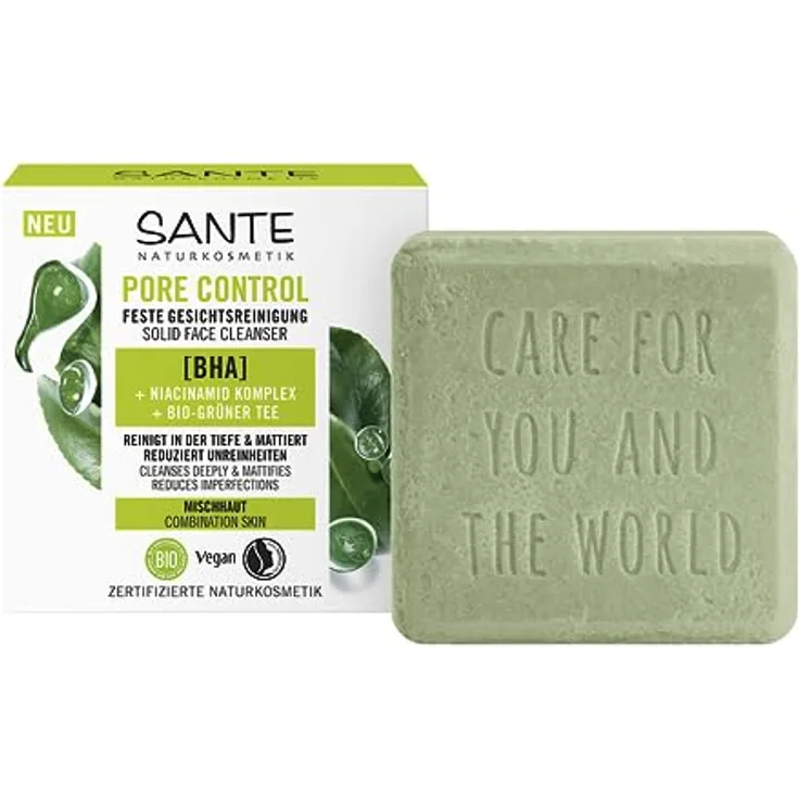 SANTE Naturkosmetik Pore Control Feste Gesichtsreinigung, mit mattierendem Bio-Grüner Tee, BHA & Niacinamid Komplex, 60g