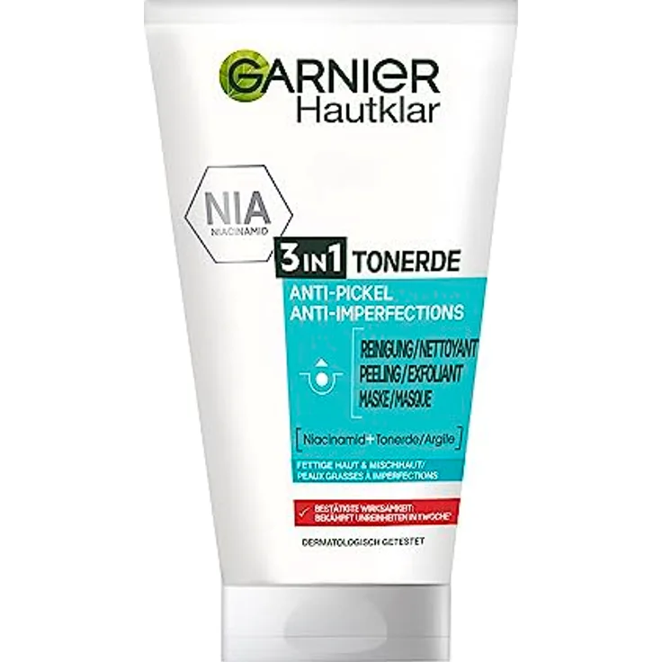 Garnier Hautklar 3 in 1 Gesichtsreinigung für unreine Haut, Reinigung, Peeling und Maske, Mit Salizylsäure und Tonerde, 1 x 150 ml