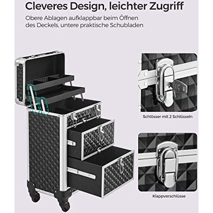 SONGMICS Kosmetikkoffer Trolley, Schminkkoffer 2 Schubladen, Friseurkoffer groß, Make-up Koffer, 34 x 24 x 56 cm, Rollen 360° drehbar, Reisen, Friseure, Geschenkidee, schwarz JHZ08BK – Bild 4