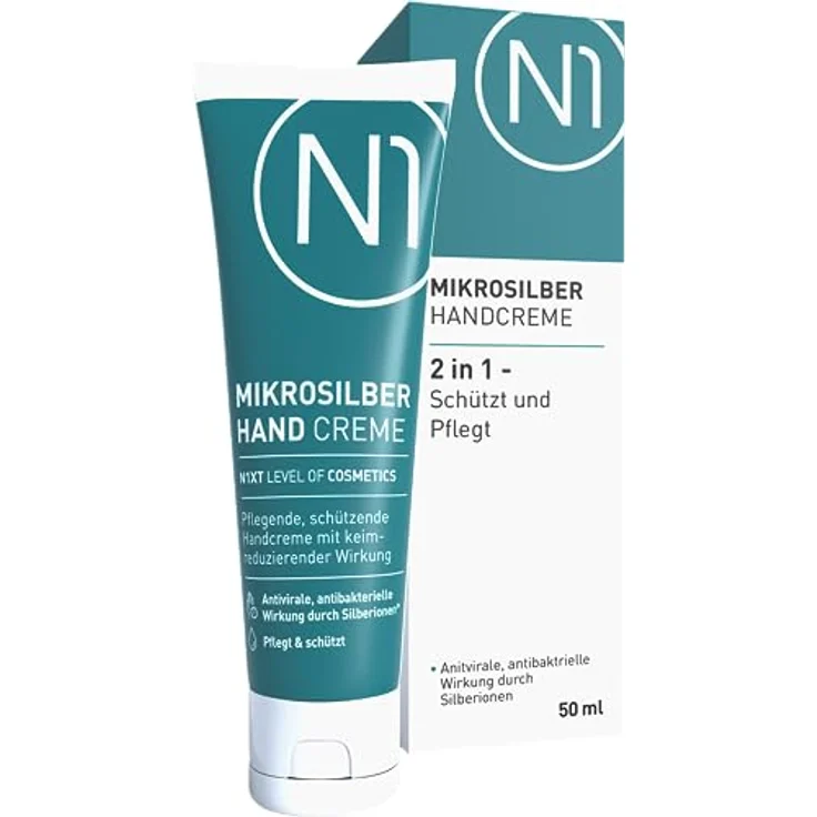 N1 Mikrosilber Handcreme für sehr trockene Hände 50 ml [inkl. Desinfektion] - Handcreme rissige Hände + Desinfektionsmittel für Hände in einem Produkt – Bild 1