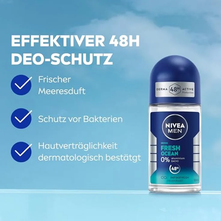 NIVEA MEN Fresh Ocean Deo Roll-On, aluminiumfreies Deodorant mit 48h Schutz, pflegende INFINIFRESH Formel und frischem Meeresduft, 50 ml – Bild 2