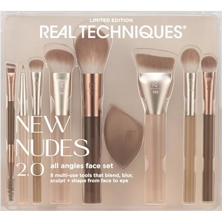 Real Techniques New Nudes All Angles Face Set, 9-teiliges Make-up Pinselset für präzises Auftragen und Vegan – Bild 1