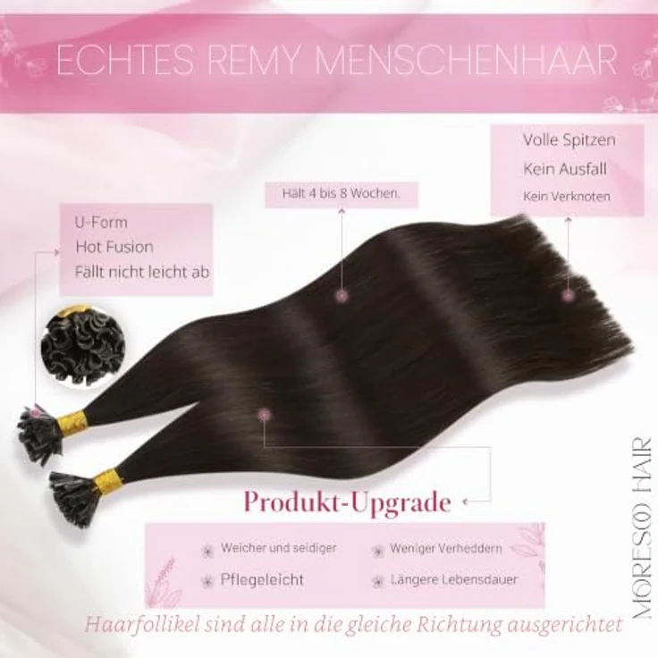 Moresoo Keratin Bonding Extensions, Echthaar Nahtlos, Dunkelbraun, 40 cm, 50g, Italienischer Keratinbonding für unsichtbares Finish – Bild 2