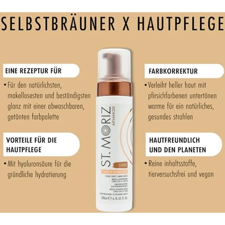 ST. MORIZ Advanced Colour Correcting Tanning Mousse, Selbstbräuner für helle Haut mit Hyaluronsäure, dermatologisch getestet, 200ml – Bild 2