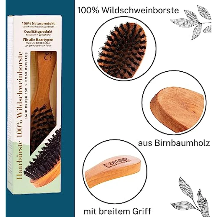 REMOS Haarbürste mit 100% Wildschweinborste, Birnbaumholz, ergonomischer Griff, plastikfrei, 22.5 x 5.8 x 3.5 cm – Bild 2