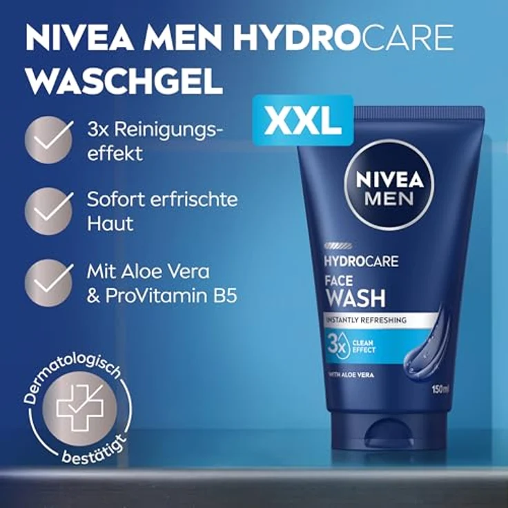 NIVEA MEN Hydrocare Face Wash, feuchtigkeitsspendendes Reinigungsgel mit Aloe Vera und Provitamin B5 für trockene Männerhaut, 150 ml – Bild 2