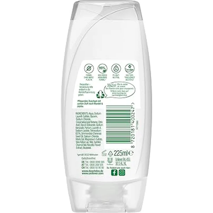 Duschdas Care Duschgel Mandel & Jojoba, milde Pflegedusche mit pH-hautneutraler Formel, 6x 225 ml, biologisch abbaubar – Bild 2