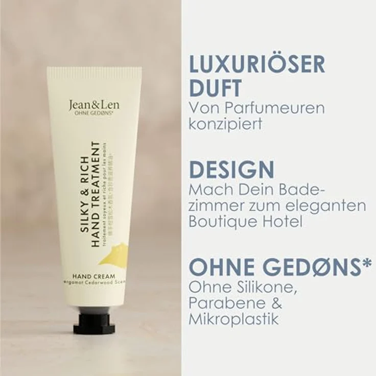 Jean & Len Mini Silky & Rich Hand Treatment, Handcreme mit Bergamot & Cedarwood, 30 ml, vegan, ohne Parabene & Silikone, praktische Reisegröße – Bild 2
