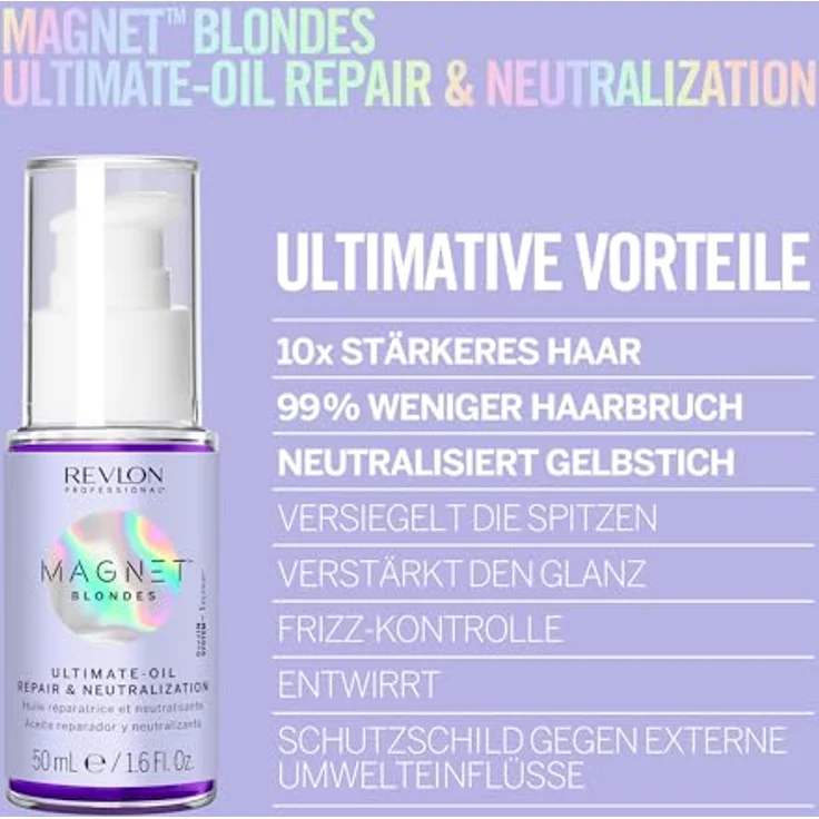 REVLON PROFESSIONAL Magnet Blondes Ultimate Haaröl – Reparatur und Neutralisierung für blondes, gebleichtes und weißes Haar – gegen gelbe Reflexe – reparierendes und neutralisierendes Veilchenöl, 30 ml – Bild 4