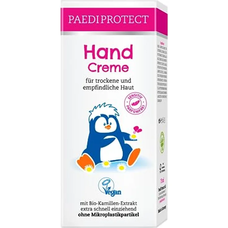 PAEDIPROTECT Handcreme 75 ml mit Bio-Kamillenextrakt, Handcreme für sehr trockene & rissige Hände, Hand Cream schnell einziehend, vegane Handcreme unterstützend bei Neurodermitis, parfümfrei