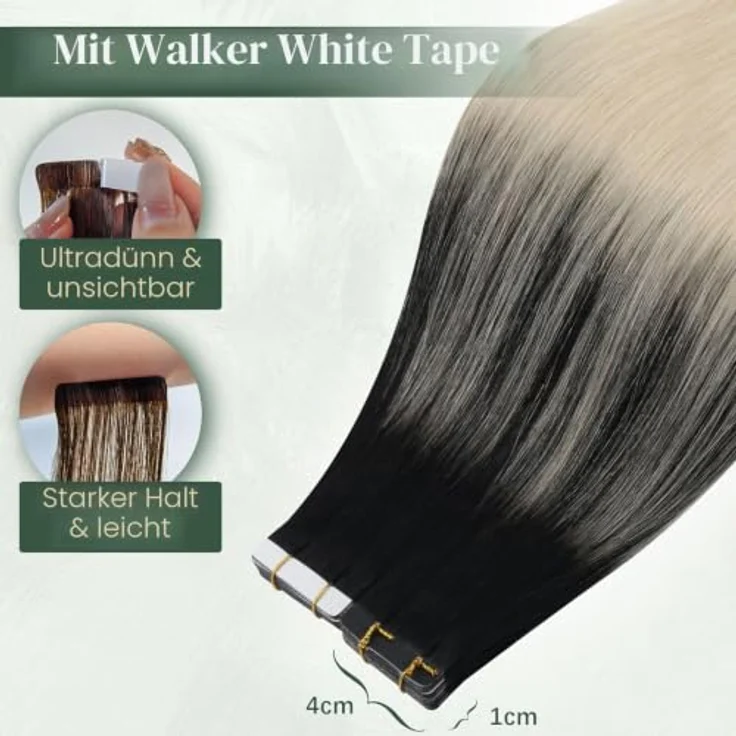 Ugeat Tape in Extensions Echthaar, Ombre Schwarz #1B/60A, 55 cm, 50 g, 20 Stück, Remy-Echthaar, wiederverwendbar – Bild 3