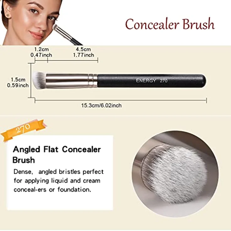 ENERGY 3-in-1 Abgewinkelter Foundation Pinsel mit flacher Oberseite, Concealer Pinsel, Pinselset Makeup, Reise Make-up-Pinsel für Flüssig, Creme und Puder Makeup – Bild 4