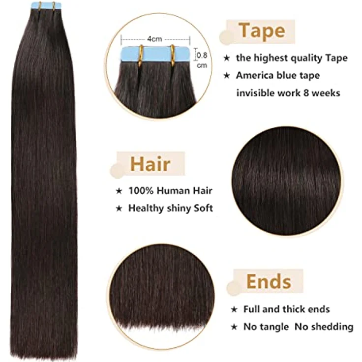 YILITE Tape Extensions Echthaar, 35cm, 20 Stück, 40g, Natürliches Schwarz #1B, Seidig Gerade, Invisible Skin Weft – Bild 3