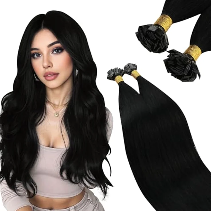 Ugeat Flat Tip Extensions, Echthaar Bonding Schwarz, Remy Haarverlängerung 45 cm, 50g, 50 Strähnen – Bild 1
