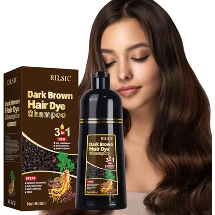 GFEUGS Haarfärbeshampoo Dunkelbraun, 500ML 3 in 1 gegen graue Haare, sofortige Tönung, pflanzliche Inhaltsstoffe, langanhaltend – Bild 1