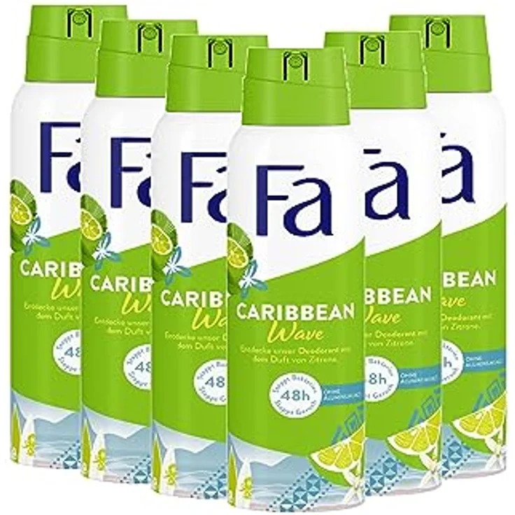 Fa Deospray Caribbean Wave, 48h Deo-Schutz mit exotisch frischem Zitronenduft, 6x 150 ml, vegan und ohne Aluminiumsalze – Bild 1