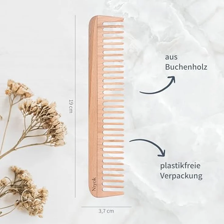 Niyok Lockenkamm Holz • Natürlicher Buchenholz Haarkamm • Grobe Zähne • Plastikfrei & nachhaltig • Universal-Kamm für jeden Haartyp • Speziell für Locken – Bild 2