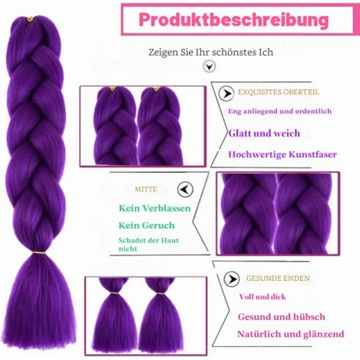 Shangxiu Jumbo Braid Extensions lila, 24" (60cm) kunsthaar, hitzebeständig und weich, ideal zum Einflechten – Bild 3