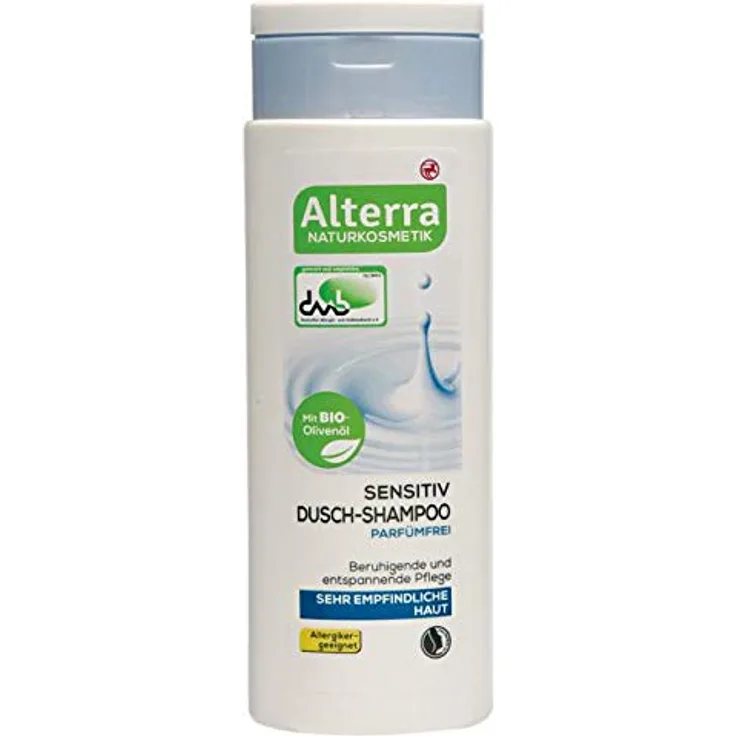 Alterra Sensitiv Dusch-Shampoo Parfümfrei 250 ml für sehr empfindliche Haut, beruhigende & entspannende Pflege, mit BIO-Olivenöl, Allergikergeeignet, Natrue zertifizierte Naturkosmetik, vegan
