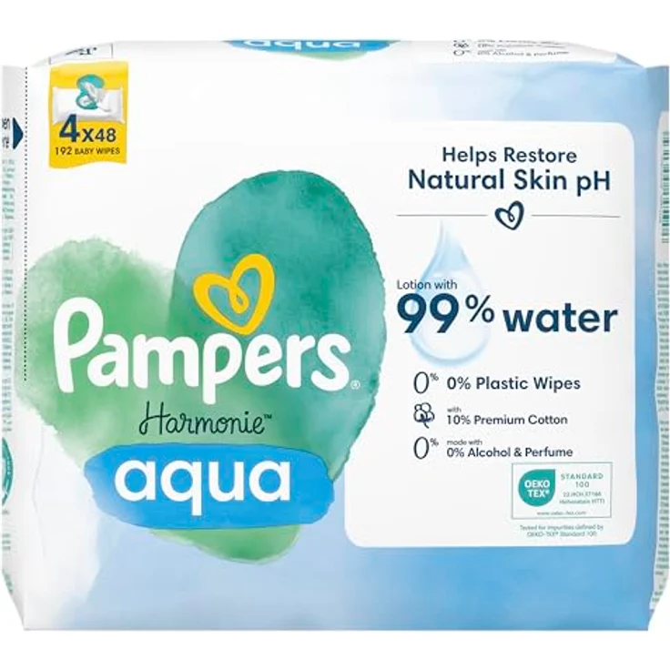 Pampers Harmonie Aqua Feuchttücher Für Babys und Kinder 192 Stück (4 x 48), 99% Reinwasser, Sanfte Reinigung aus pflanzlichen Fasern – Bild 2
