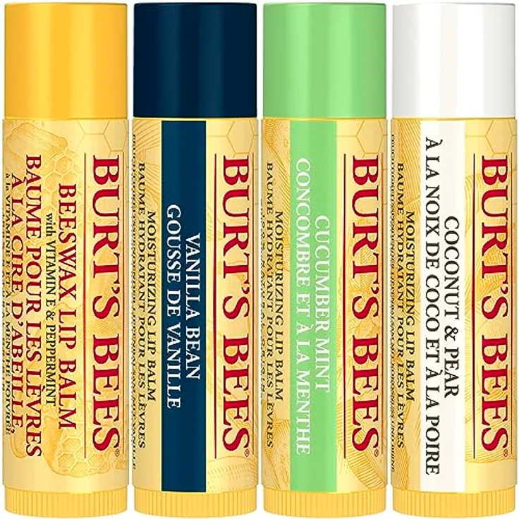 Burt's Bees Lippenbalsam-Multipack, Geschenkset mit Bienenwachs und Vitamin E, 100 % natürliche Inhaltsstoffe, 4 Geschmacksrichtungen (Bienenwachs, Vanillebohne, Gurke-Minze, Kokosnuss-Birne), 4 x 4,25 g – Bild 2