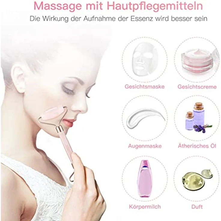 cofi1453 Massageroller & Gua Sha Set, 3-teiliges Beauty-Set aus Rosenquarz, gegen Falten & Schwellungen, fördert Durchblutung, unterstützt Lymphdrainage – Bild 5