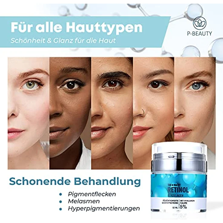 P-Beauty Retinol Creme, Anti Aging mit 5% Retinol 50ml - Feuchtigkeitscreme, Nachtcreme & Tagescreme mit Hyaluronsäure - Anti Falten Creme, Gesichtspflege mit Kollagen, Aloe Vera & Vitaminen – Bild 5