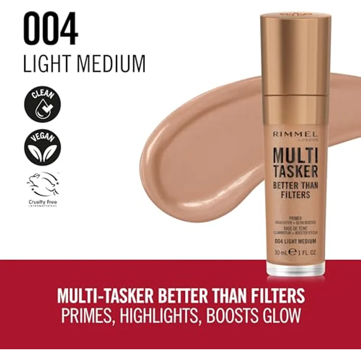 Rimmel Multi-Tasker Better Than Filters, aufhellender Make-up Primer zur Vereinheitlichung der Hauttöne, Farbton 004 Light Medium, 30 ml – Bild 2