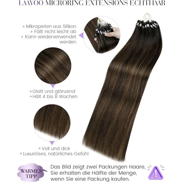 LaaVoo Microring Extensions Echthaar Braun Balayage, 40 cm, 50 g, Dunkelbraun mit Hellbraun, Remy Haar, wiederverwendbar, hitzestyling-fähig, #2/8/2 – Bild 2