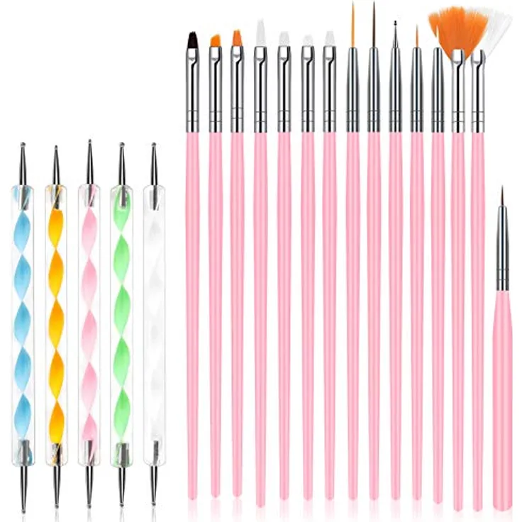 URAQT 20 Stück Nagel Pinsel Set, Professionelle Nageldesign-Stifte für Gelnägel und UV-Gel, Ergonomische Griffe und Antibakterielle Borsten