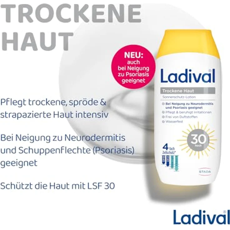 Ladival Sonnenschutz Lotion LSF 30 für trockene Haut, beruhigend und pflegend mit Hyaluronsäure, 4-fach Zellschutz, wasserfest, 200ml – Bild 5