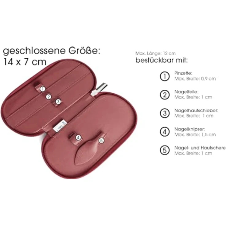 remos professional body care REMOS Nageletui leer aus echtem Leder, Maniküre-Set für 5 Instrumente, Rot/Bordeaux, ideal für Reisen – Bild 4