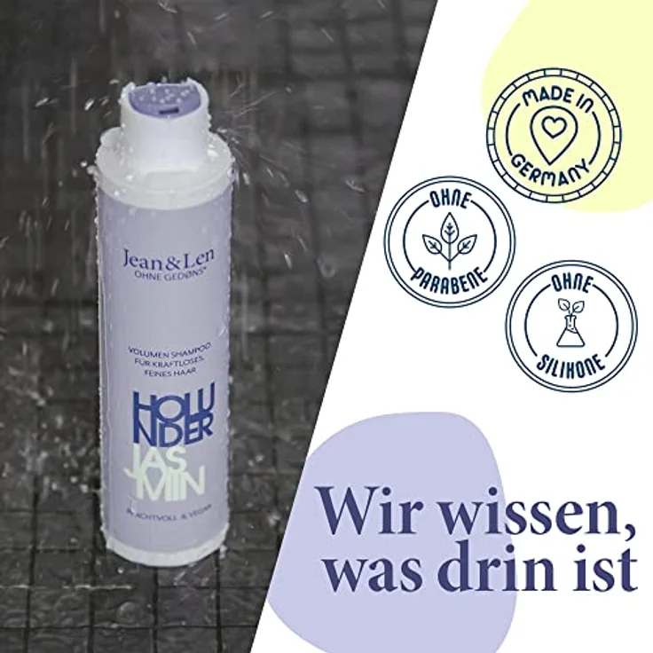 Jean & Len Volumen Shampoo Holunder & Jasmin, für kraftloses und feines Haar, verleiht Volumen, fruchtig-blumiger Duft, ohne Parabene und Silikone, vegan, 300 ml – Bild 5