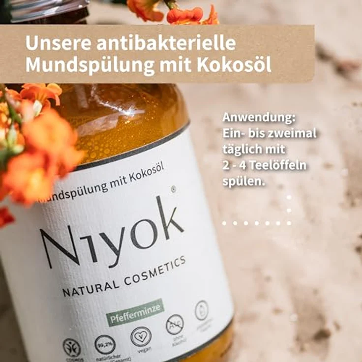 Niyok Mundspülung - Pfefferminze, 500ml 2er Pack, mit antibakteriellem Bio-Kokosöl, vegan, plastikfreie Glasflasche – Bild 6