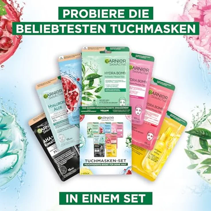 Garnier Tuchmasken Set, 7 Gesichtsmasken für jeden Hauttyp, vegane Formel mit Hyaluronsäure, inklusive Hydra Bomb und Nutri Bomb Masken, 7 x 28 g – Bild 2