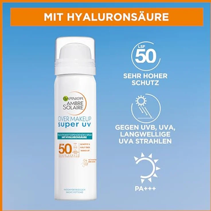 Garnier Super UV Over Make-up Spray mit LSF 50, Schutz für das Gesicht gegen UV-Strahlen und äußere Umwelteinflüsse, Mit feuchtigkeitsspendender Hyaluronsäure, Ambre Solaire, 1 x 75 ml – Bild 4