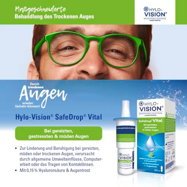 Hylo-Vision SafeDrop Vital Augentropfen – Bei gereizten, gestressten & müden Augen, Benetzung & Befeuchtung mit Hyaluronsäure & Augentrost, konservierungsmittelfrei, geeignet bei Kontaktlinsen, 10 ml – Bild 2