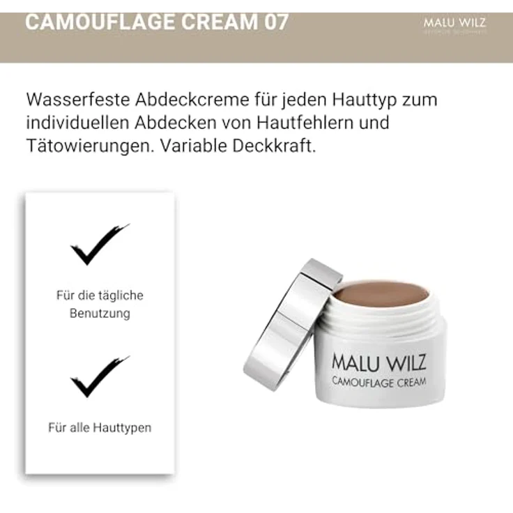 Malu Wilz Camouflage Cream Nr. 07 Ash Brown Breeze, wasserfester Concealer mit starker Deckkraft, 6g, für Hautanomalien und Tattooabdeckung – Bild 5