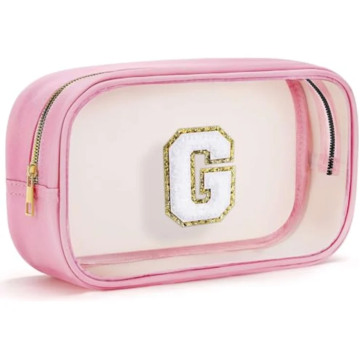 Parima Kosmetiktasche, personalisierte, transparente Make Up Tasche aus wasserdichtem PU-Leder, rosa, 27 x 15 x 8 cm mit Buchstaben G – Bild 1