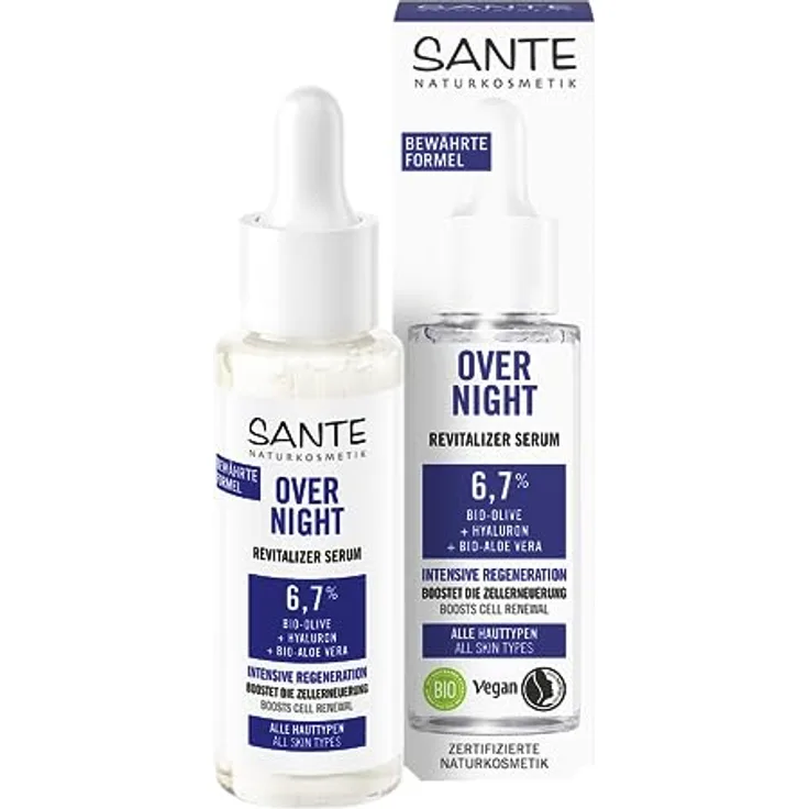 Sante Naturkosmetik Overnight Revitalizer Serum mit Bio-Olive, Hyaluron & Bio-Aloe Vera, 30 ml, für intensive Feuchtigkeit und revitalisierte Haut