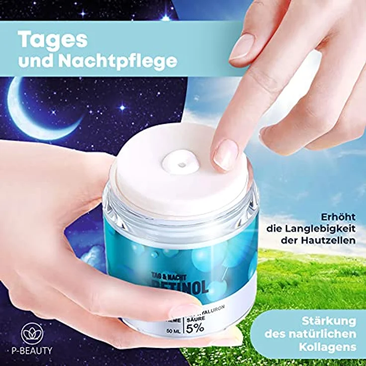 P-Beauty Retinol Creme, Anti Aging mit 5% Retinol 50ml - Feuchtigkeitscreme, Nachtcreme & Tagescreme mit Hyaluronsäure - Anti Falten Creme, Gesichtspflege mit Kollagen, Aloe Vera & Vitaminen – Bild 4