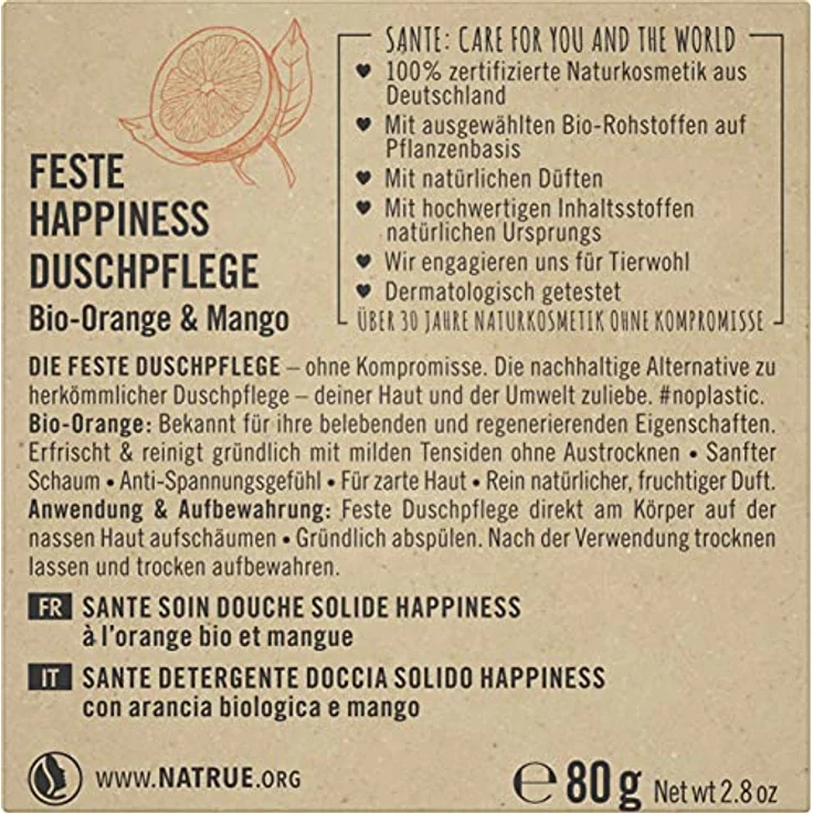 Sante Naturkosmetik Feste Seife zum Duschen für zarte Haut, Vegane Formel mit Bio-Orange und Mango, Feste Happiness Duschpflege, 80 g – Bild 2
