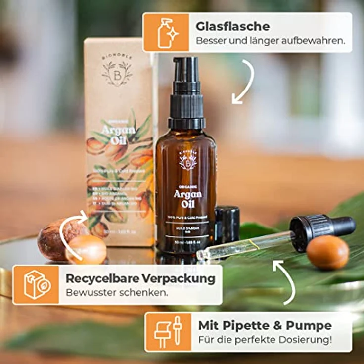 Bionoble Arganöl Bio 50ml - 100% Rein, Natürlich und Kaltgepresst - Gesicht, Körper, Haar, Bart, Nägel - Vegan und Cruelty Free - Argan Oil - Glasflasche + Pipette + Pumpe – Bild 4