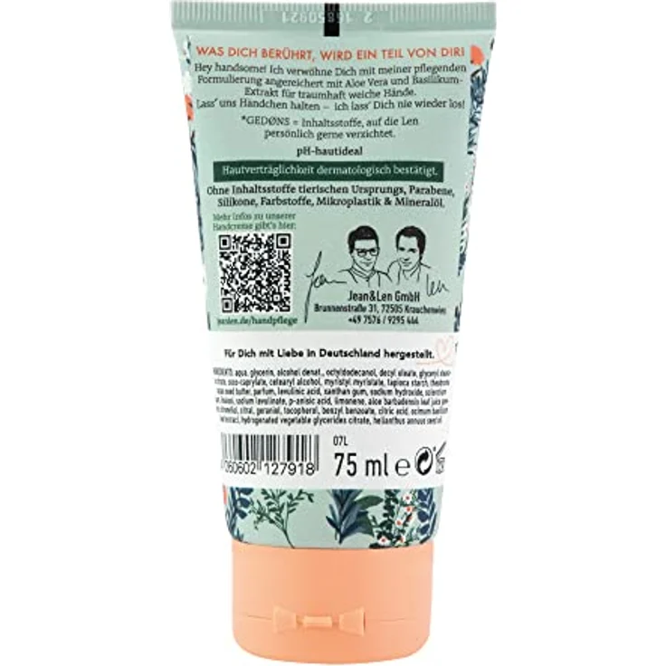 Jean & Len – Schmeichelnde Handcreme Aloe Vera & Basilikum, Handpflege für normale bis trockene Hände, pflegt intensiv, ohne Parabene und Silikone, vegan, Handcreme Tube, 75 ml – Bild 2