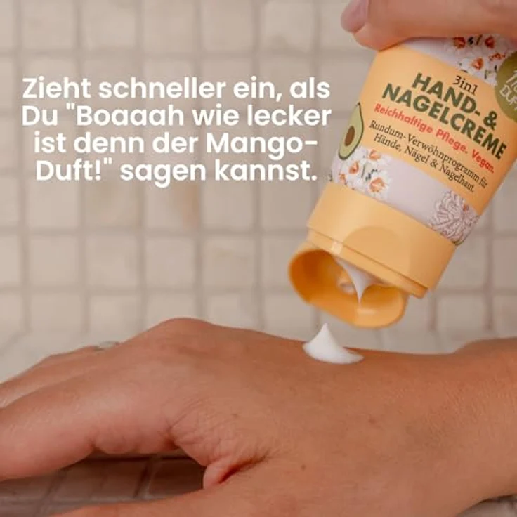 Jean & Len Hand- & Nagelcreme Mango & Avocado, vegane Pflegeformel mit Shea- und Kakaobutter, fruchtiger Mango-Duft, 75 ml – Bild 4