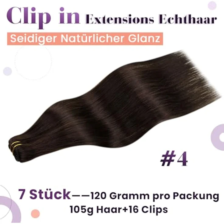 LaaVoo Clip in Extensions Echthaar, dunkelbraun, 35cm, 120g, 7 Stück, natürliche Spitzen, hitzestylingfreundlich – Bild 3